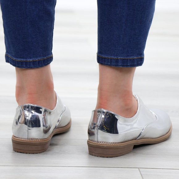 Silver Patent Flat Slip On Oxford Loafers - Picture 8 of 15